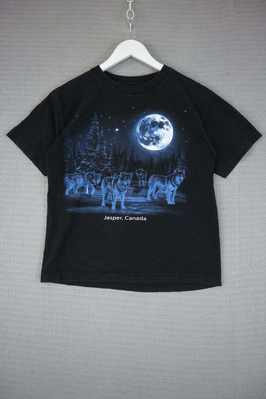 Vintage Jasper Canada Wolf Pack Full Moon Graphic T-Shirt Black Small